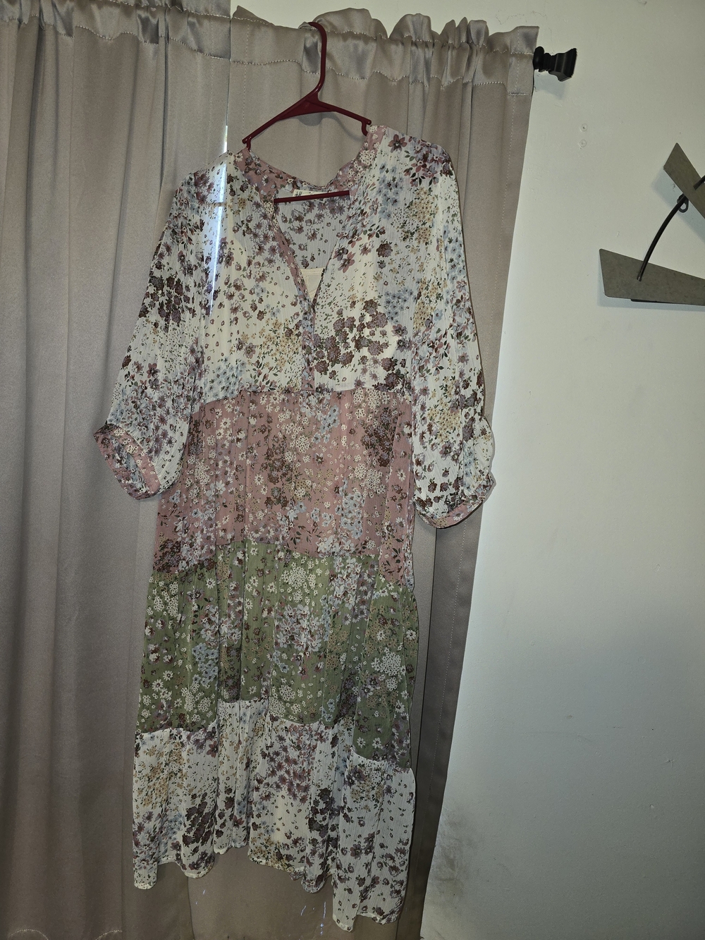 Tiered V-Neck Midi Dress in Pink & Green